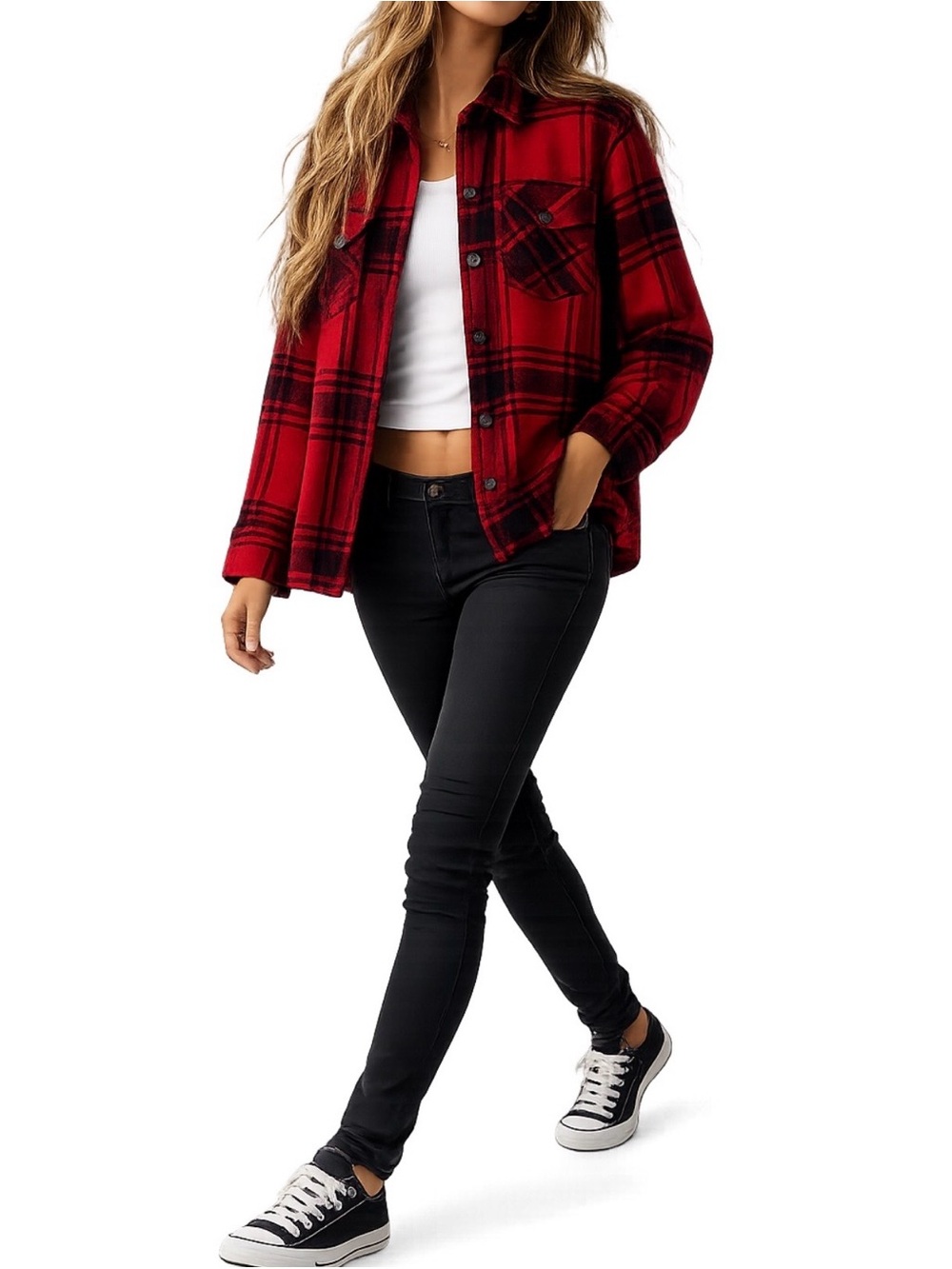 Buffalo Plaid Soft Knit Checkered Thick Button Down Shacket Red Size Large